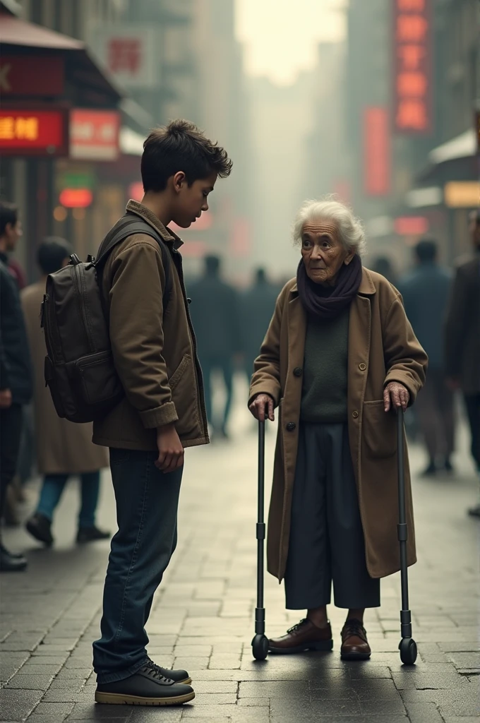 A boy ignoring a helpless old lady