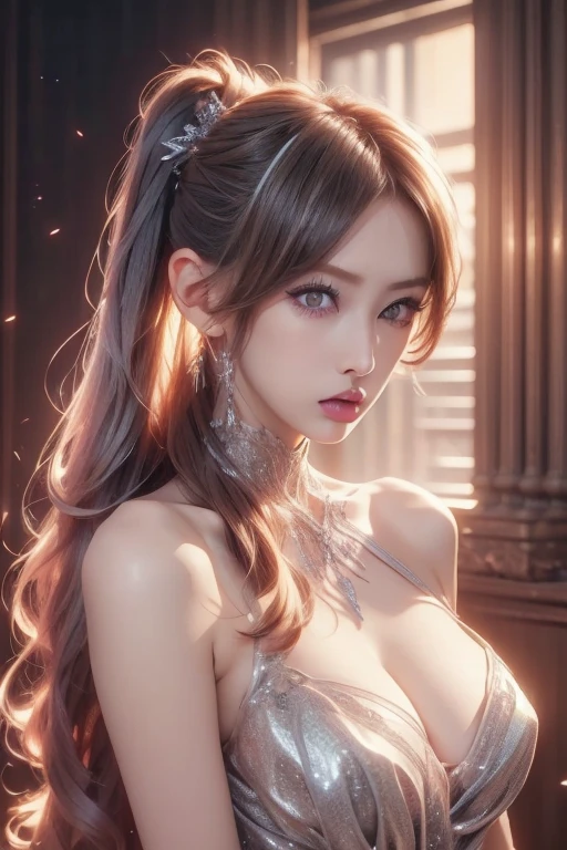 High-quality work,Realistic works,Super premium graphics,8K HD CG works,high quality graphics,High-definition and exquisite CG works,10x pixels,Ultra-fine details:1.1,Advanced technical details:1.1Realistic photo effects,Interior lighting effects:1.5,natural soft light:1.5. Light effect(Virtual light effects:1.8),Ultra-high resolution,shining dress,sliver long hair,silber hair,transparenthair,high detailed hair(Quality hair details:1.1)Clear eyes,Double eyelids look good,Sharp eye makeup, Create exquisite eyelash makeup, tthin eyebrows, Ultra-detailed eyes,a tall nose, lovely red lips, rosey cheeks, With delicate makeup on her face , pretty face, The face shape is perfectly proportioned,(Advanced facial details:1.1)"((Hyper-realistic)) cyborg, Sorayama-esque, ((glossy chrome body)), ((translucent glass limbs)), leather outfit, ((girl with attitude)), dynamic lighting, intricate reflections, ((edgy cyberpunk atmosphere)).,Women's artwork,Dress full body video,Reality,Amazing Cleavage,My eyes are very bri、((Twin tails))、(high ponytail)、((random Camera angle))、(斜め上からのCamera angle)、hair accessory、Amethyst hair accessory、((Red and silver gradient hair))、(Whole body shot)