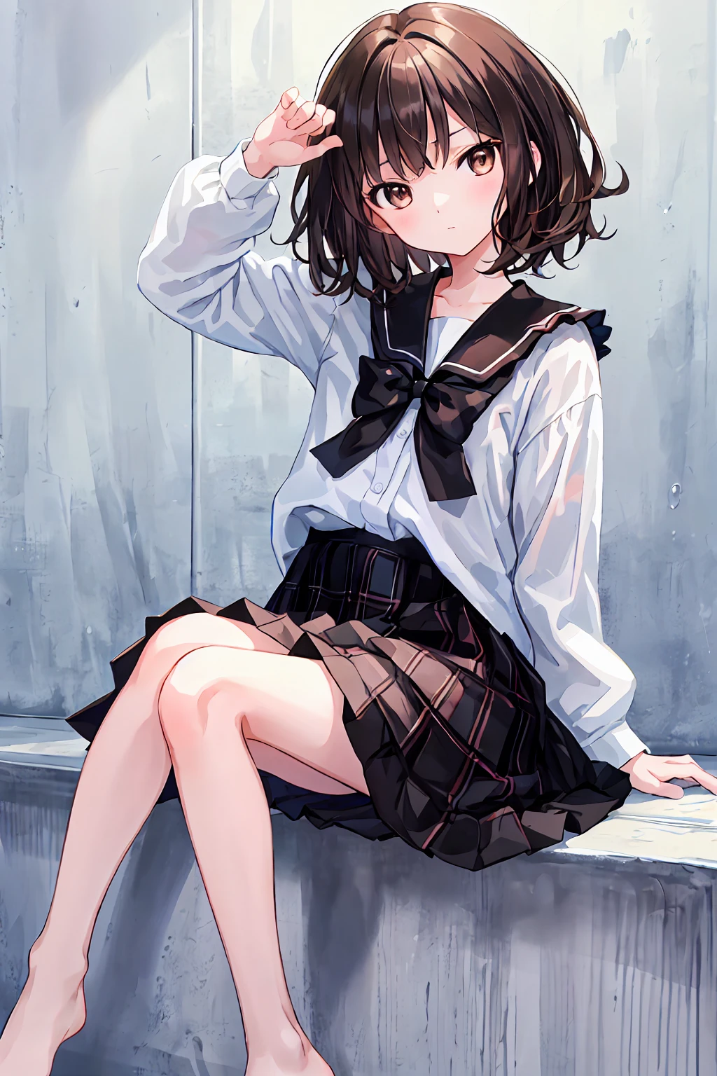 (child),Highest quality,Beautiful face in every detail,cute,Dark brown eyes,(背の低いcute,Little young student,Young and delicate),(masterpiece,Highest quality),Black Hair,Sleepy look,Plaid black skirt,Brown Hair,Shortcuts,Messy Hair,Slender beauty,A dignified posture,Small chest,Beautiful feet,,