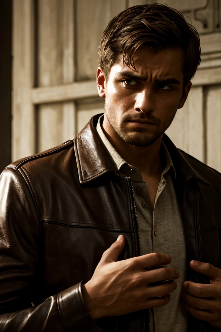 A man stands holding a bouquet of flowers in his trembling hands, his face etched with desperation and longing. He wears a worn brown leather jacket, its rough texture contrasting with the delicate flowers he holds. His eyes are wide, filled with a mixture of hope and fear as he looks up, begging for the love of someone unseen. His posture is tense, shoulders slumped, as if the weight of his emotions is too much to bear. He stands against a contrasting background, where the stark difference between the bright light illuminating him and the darker, shadowed surroundings heightens the intensity of his vulnerable, pleading gesture.