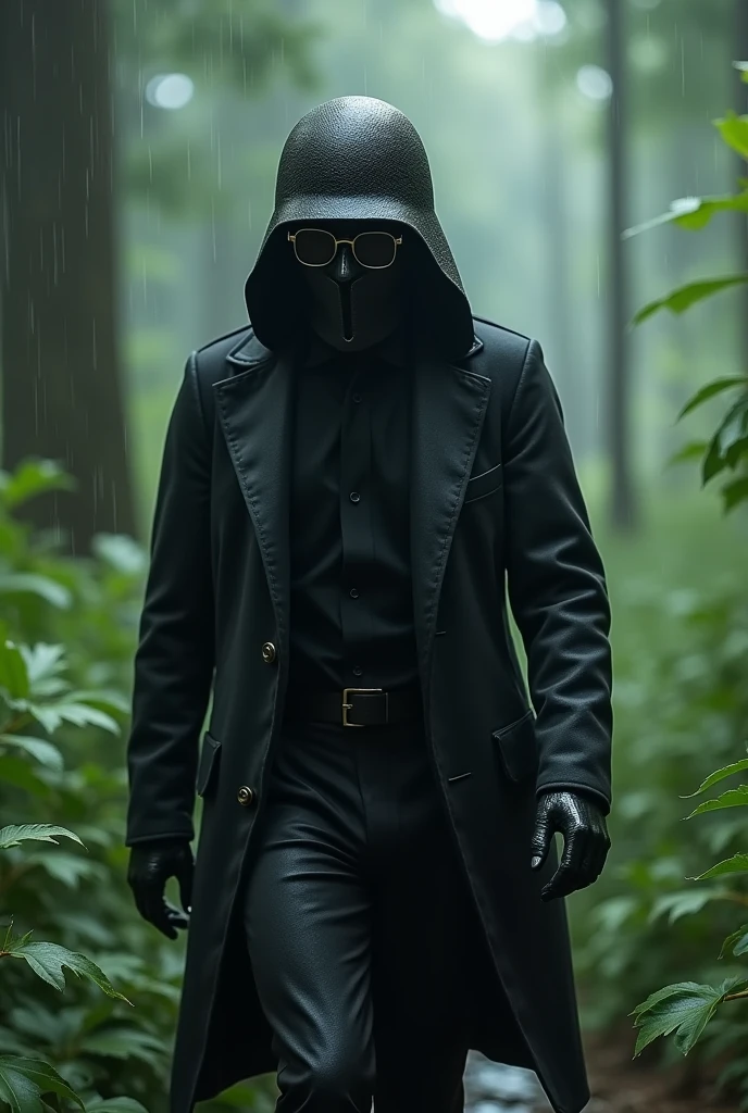 A man dressed in black and Has a slimmer figure than a girl,  Wear a sun visor, The face is completely covered by an iron mask with glasses, Wear the M35 helmet. 

The setting is a beautiful forest, it's raining