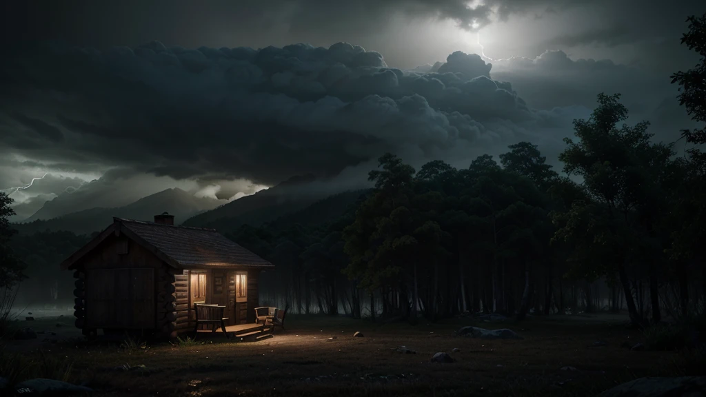 There's a little cabin in the woods at night, Cabana na Mata, cinematic atmospheric lighting, Dia chuvoso. game render, octan render. mistborn, renderizado em cryengine, atmospheric render, gloomy cinematic lighting, foggy volumetric lighting, renderizado em unreal engine 4k hq, renderizado em unreal engine 4 k hq, with photorealistic lighting, volumetric lighting and fog, chuva forte caindo, lightning in the sky