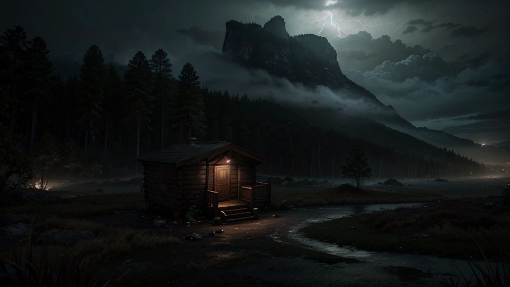 There's a little cabin in the woods at night, Cabana na Mata, cinematic atmospheric lighting, Dia chuvoso. game render, octan render. mistborn, renderizado em cryengine, atmospheric render, gloomy cinematic lighting, foggy volumetric lighting, renderizado em unreal engine 4k hq, renderizado em unreal engine 4 k hq, with photorealistic lighting, volumetric lighting and fog, chuva forte caindo, lightning in the sky
