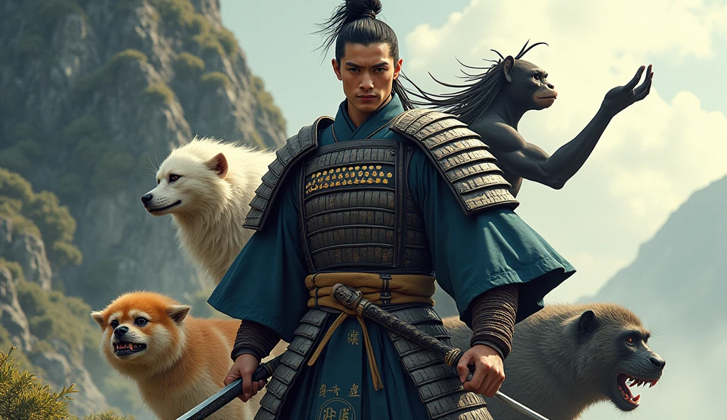 (best quality, masterpiece, ultra detailed, ultra high res, photorealistic, raw photo, absurdres, absolutely resolution), His name is Momotaro、A young, muscular, handsome samurai、dog、monkey、The courage and power of the pheasant flaming together