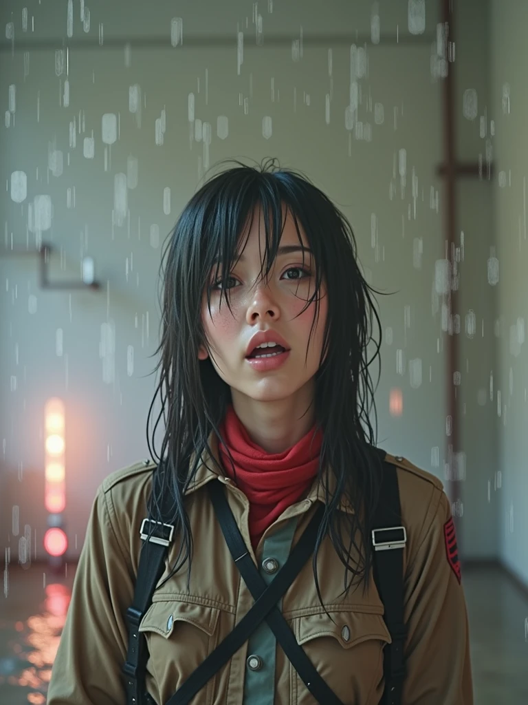 Best quality, masterpiece, ultra high res, (photorealistic:1.4), raw photo, 1girl,
wet hair, wet body, water drop on the skin, directed by shane mcmellen, in the style of neon-lit pop art, photo taken with ektachrome, distorted portraiture, surreal sculpture, gothic dark and moody tones, softbox lighting, instax film
mikasa ackerman, shingeki no kyojin, 1girl, bangs, belt, belt buckle, black eyes, black hair, brown belt, brown jacket, buckle, dress shirt, hair between eyes, jacket, long sleeves, medium hair, open clothes, open jacket, open mouth, paradis military uniform, red scarf, scarf, shirt, solo, standing, straight hair, suspenders, three-dimensional maneuver gear,