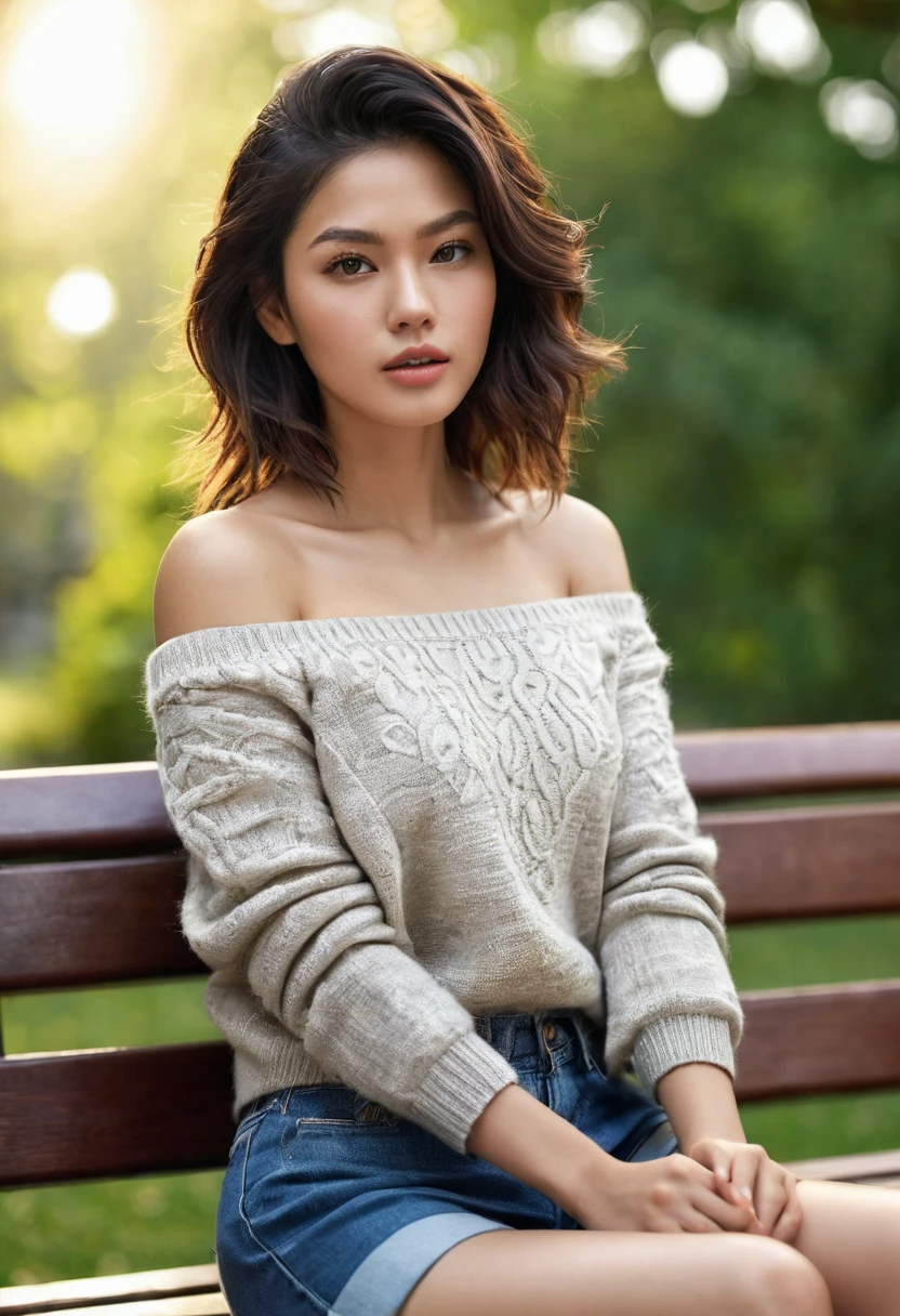 (Masterpiece, best quality, photorealistic, highres, professional photography, :1.4), close-up shot, sharp focus, (1 girl, Anna Sawai), perfect hands and fingers, realistic skin, perfect body shape, cleavage, (stylish hairstyle, extremely detailed hair), delicate sexy face, playful gaze, glossy lips, ((shorts, off-shoulder sweater)), sitting crossed legs on bench, in park, fashion photograph, film, bokeh, ((soft illumination, highly detailed, realistic, super realistic, realism, realistic detail))