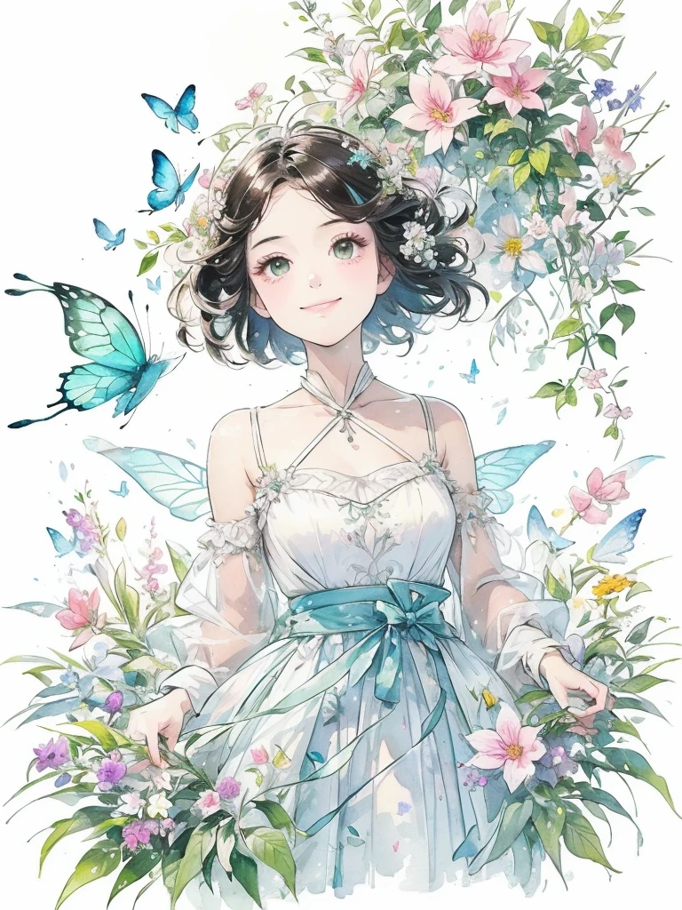 (masterpiece、highest quality、highest quality、Beautiful and beautiful:1.2)、Good anatomy、（Watercolor 1.5）、Composition looking up from a low position、Long Shot、Drawing of a girl with straight short hair、Beautiful smile、Butterfly Fairy Costume、pure white、pure、Charm、looking at the camera、Flowers and leaveint Green Wind、Botanical Art