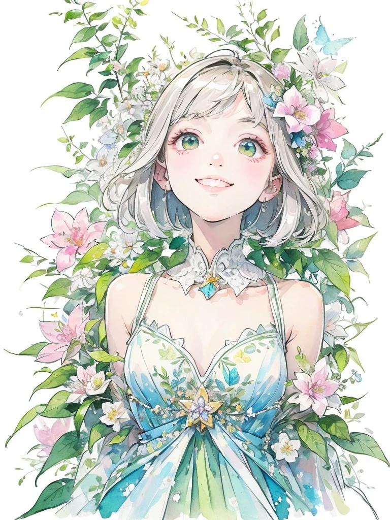 (masterpiece、highest quality、highest quality、Beautiful and beautiful:1.2)、Good anatomy、（Watercolor 1.5）、Composition looking up from a low position、Long Shot、Drawing of a girl with straight short hair、Beautiful smile、Butterfly Fairy Costume、pure white、pure、Charm、looking at the camera、Flowers and leaveint Green Wind、Botanical Art