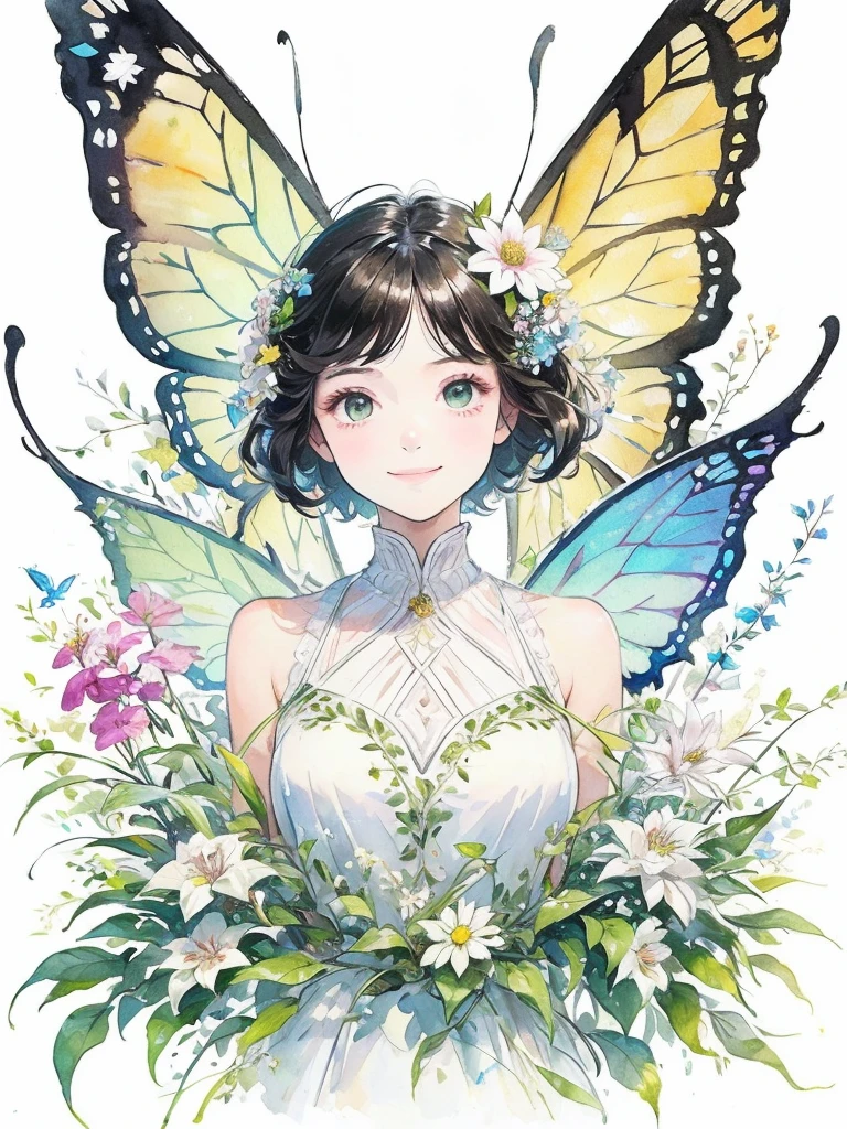 (masterpiece、highest quality、highest quality、Beautiful and beautiful:1.2)、Good anatomy、(Watercolor 1.5)、Composition looking up from a low position、Long Shot、Drawing of a girl with straight short hair、Beautiful smile、Butterfly Fairy Costume、pure white、pure、Charm、looking at the camera、Flowers and leaveint Green Wind、Botanical Art