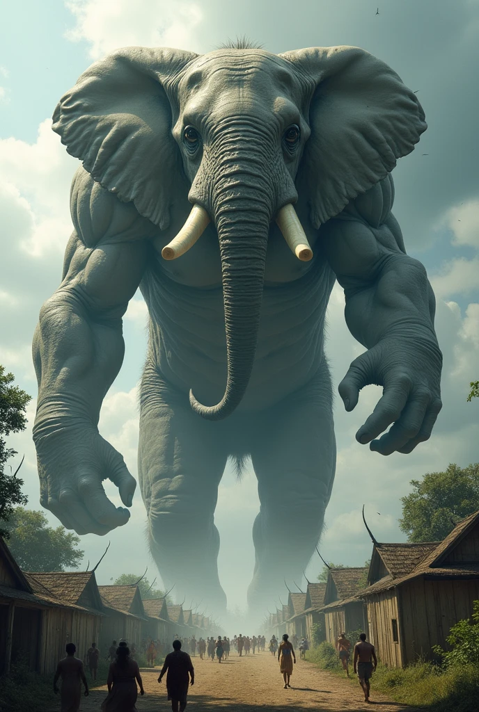 **Titan, the Giant Elephant:**
   - A towering elephant with a human-like body looms menacingly over a small village. The elephant is enormous, with thick, wrinkled skin, tusks, and a muscular human torso. His eyes are filled with malice as he stretches out a massive hand, ready to snatch something. The village below is in chaos, with people running in fear.