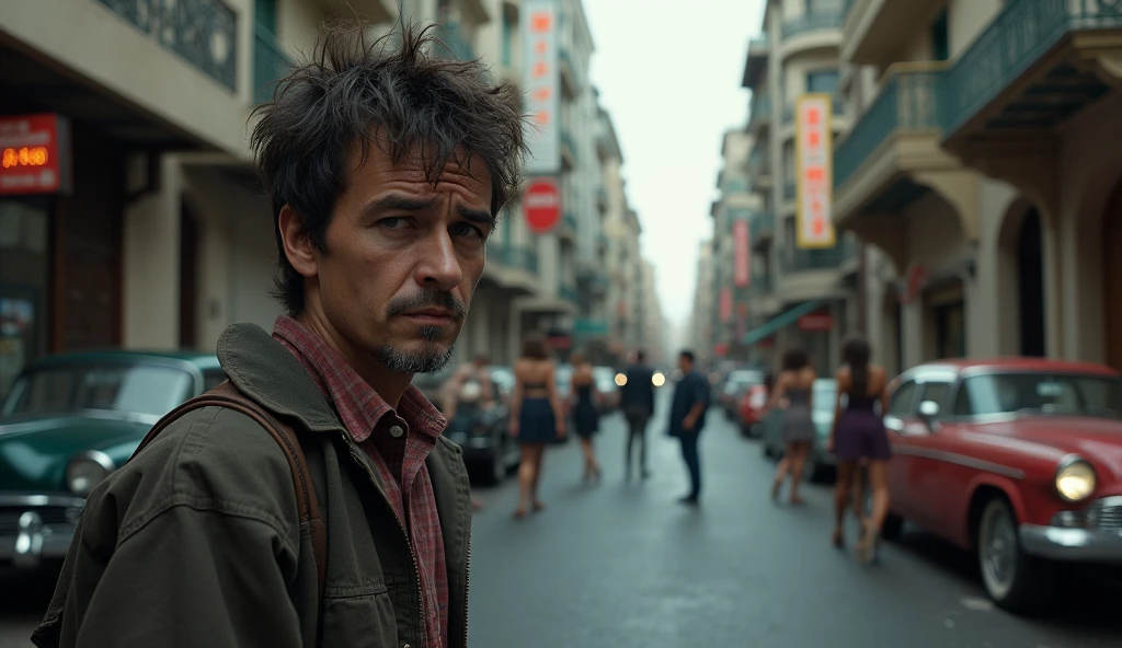 A shocking image of an exhausted young man, wrinkled, old clothing, is in desperation seeking success, looking forward, expression frustrated by seeking success and not achieving it, at the end of the other side of the street, sexy women on the lap of successful men.