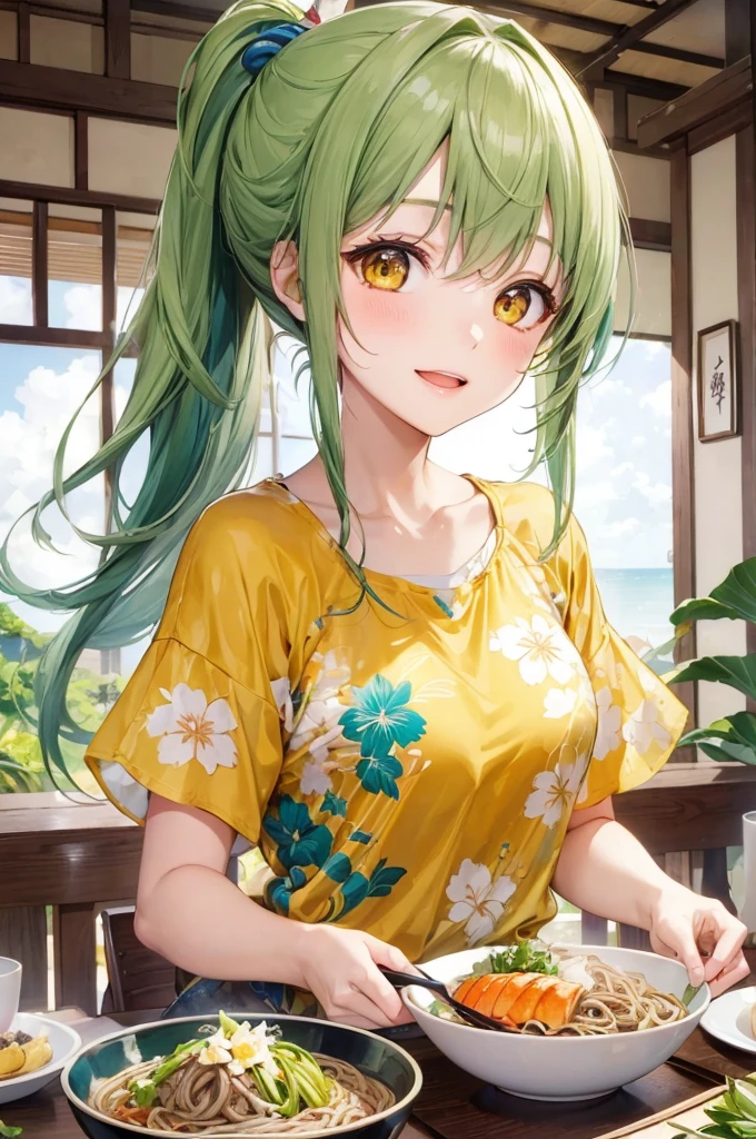 (eating style) (enjoy okinawa gurume), (solo:2, 15 yo), (beautiful ponytail) (glossy beautiful green hair long hair) (beautiful cute girl), (glossy lip, happy smile, best beauty yellow eyes), (medium tits), in a casual yellow tropical blouse, short pants, break, in the Ryukyu Village in Okinawa, master quality line up on table many Delicious Rafute and Soki Soba, BREAK, perfect anatomy, masterpiece, best quality, 16k, beautiful detailed grow, daydreaming expression.