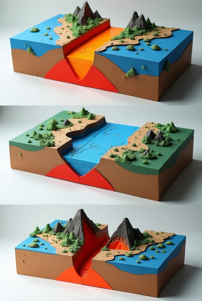 Creating a 3-D model to illustrate divergent, convergent, and transform plate boundaries can be a great way to visualize tectonic processes. Here’s a brief overview of each type of boundary along with suggestions on how to represent them in a 3-D model:
### 1. **Divergent Boundaries**
- **Description**: At divergent boundaries, tectonic plates move apart from one another. Magma rises from below the Earth’s surface to fill the gap, creating new crust.
- **3-D Model Representation**:
- Use a base layer to represent the Earth’s crust.
- Create a gap in the middle of the base layer where two plates (represented as two moving blocks) are moving apart.
- Add a rising section of material in the gap to show magma (can be represented with a different material or color).
### 2. **Convergent Boundaries**
- **Description**: At convergent boundaries, plates move toward each other. One plate may be forced underneath another in a process known as subduction.
- **3-D Model Representation**:
- Use two blocks that are moving toward each other.
- Show one block sliding under the other (for subduction) or crumpling up at the edge to represent mountain formation.
- Add visual elements like volcanoes or mountains to illustrate the geological activity that occurs.
### 3. **Transform Boundaries**
- **Description**: At transform boundaries, plates slide past each other horizontally. This motion can cause earthquakes along faults.
- **3-D Model Representation**:
- Use two adjacent blocks that slide horizontally past one another.
- Create a fault line between the two blocks to demonstrate the sliding motion.
- You could also show seismic activity by adding elements like small tremors or cracks on the surface.
### Building the Model
1. **Materials Needed**:
- Foam blocks or clay for the plates.
- Colored papers or paints to differentiate the crust, magma, and geological features.
- A sturdy base to hold everything.
- Tools for cutting and shaping (if using cla