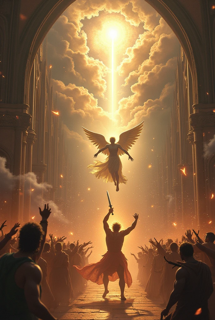 An angel and a devil who is fighting in the cathedral and like there were in the battle fields and there were angels singing haleluya playing flute and there was an angel and devil fighting in the sky and then there was god in the center coming and the clouds blocking the sun but still see the sun rays
