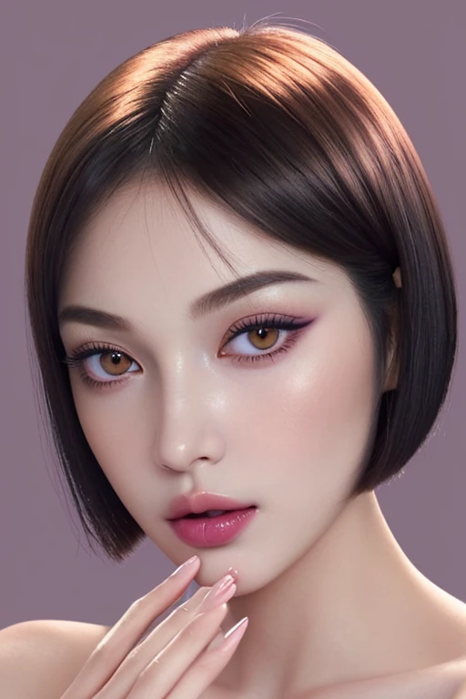 1 girl, 1, close up shot, detailed face, cute face, peach skin tone, smooth skin, blush red cheeks and face, light smirk, bob cut hair, cute makeup, heavy makeup, long eyelashes, long eyeliner, black smokey eyeshadow, heavy eyeshadow, glossy baby pink lipstick, glossy lips, heavy makeup, making heart with hands, purple nail polish, soft light