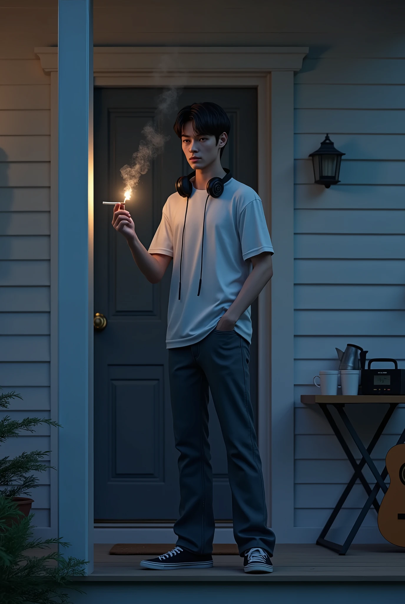 (photorealism:1.2), a handsome young man(1 inch short hair, wearing a white t-shirt headphones around his neck, was standing on the porch of the house holding the porch pole, dithe night, holding a cigarette with smoke coming out of the tip of the cigarette(like real), house with white paint, the night, there is a small radio, kettle and cup of coffee on the table, the guitar was leaning against the wall near him, 5 watt wall lamp