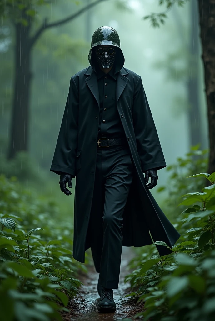 A man dressed in black and Has a slimmer figure than a girl, Wear a sun visor, The face is completely covered by an iron mask with glasses, Wear the M35 helmet.
The setting is a beautiful forest, it's raining