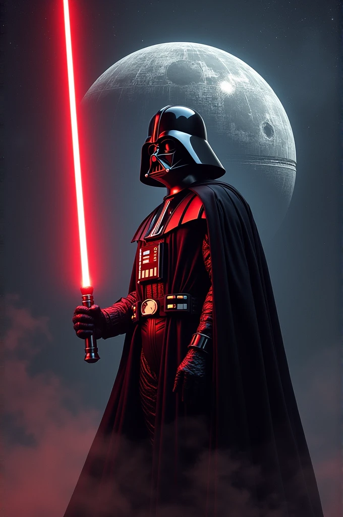 Lord Darth Vader with laser sword on hand in Galaxy with death star