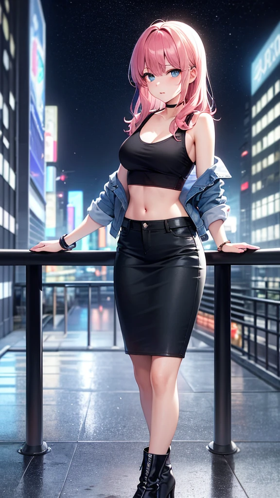 masterpiece, best quality, highres, high detail, beautiful woman, wavy hair, (pink hair), (blue eyes), ((blue tank top crop top and jean jacket)), ((long black skirt)), midi pencil skirt, leather boots, wearing headphones, bracelets, looking at viewer, rainy backdrop, storm, clouds, city alley at night, (night sky), reflective light, blue light, neon lights, 