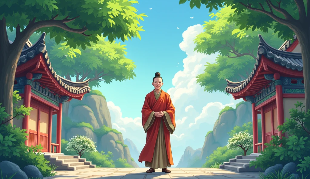 Chinese monk student standing happily and calmly, surrounded by temples, beautiful trees, in anime style, beautiful scenario,