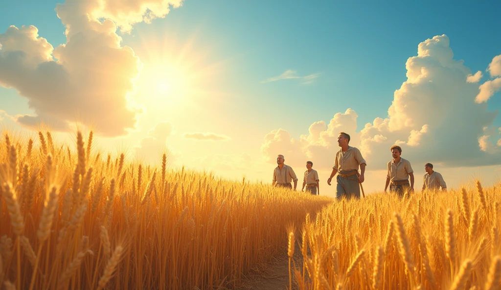 A vast, golden wheat field under a clear sky with a radiant sun, with workers joyfully harvesting, symbolizing cooperation and blessings for those who love God. ar 16:9