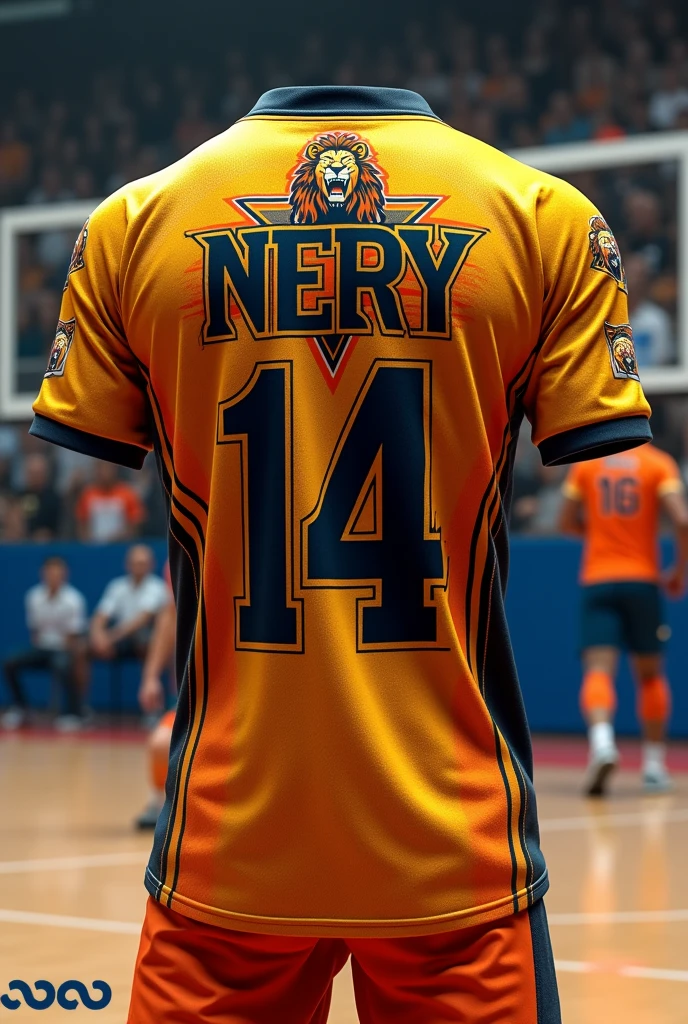 Let's create a volleyball team shirt.
Team Name Review.
Team mascot a Lion Player name Nery Player number 14 The team name and mascot are printed on the shirt on the front, on the back are the player's name and number.
Bring a futuristic style to the shirt in orange colors, yellow and black.