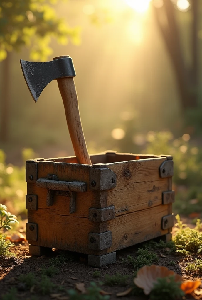 Wooden box in the sun with an axe inside
