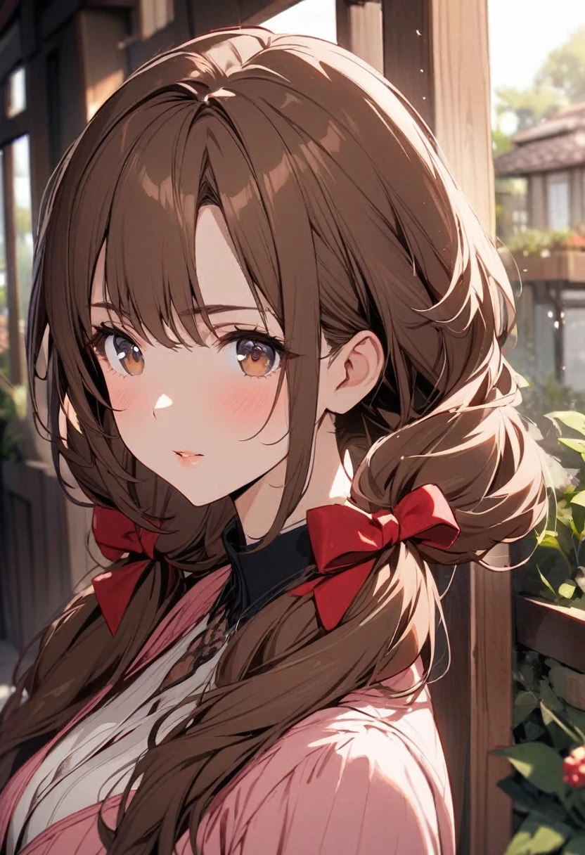 Solo, 1girl, Long Hair, brown hair, brown eyes, mature,  red bow, high detail, beautiful eyes, beautiful color,  adult, low twin tails, glazing to the distance, cute