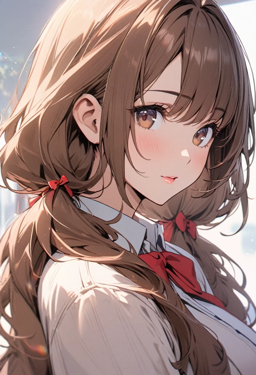 Solo, 1girl, Long Hair, brown hair, brown eyes, mature, red bow, high detail, beautiful eyes, beautiful color, adult, low twin tails, glazing to the distance, cute