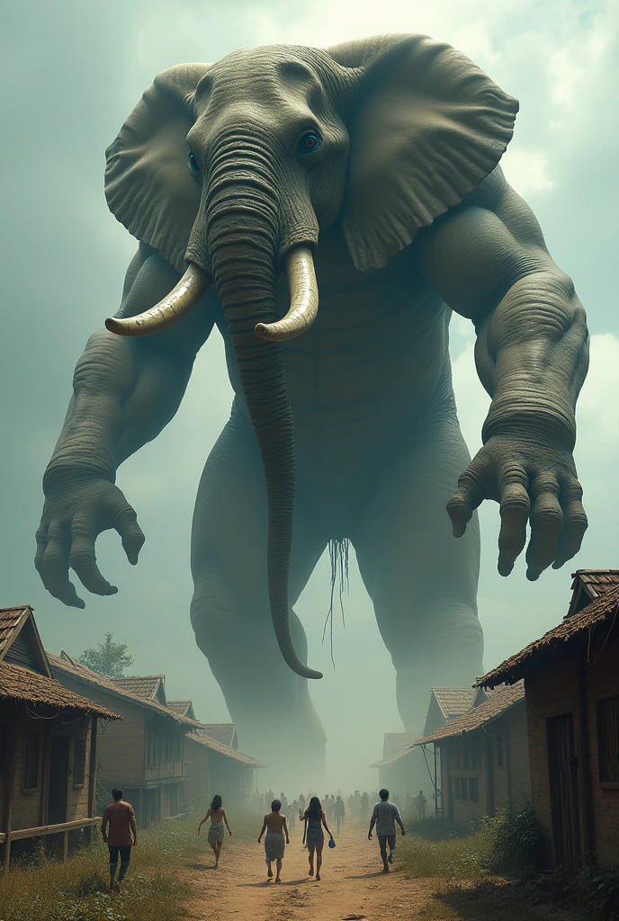 **Titan, the Giant Elephant:**
   - A towering elephant with a human-like body looms menacingly over a small village. The elephant is enormous, with thick, wrinkled skin, tusks, and a muscular human torso. His eyes are filled with malice as he stretches out a massive hand, ready to snatch something. The village below is in chaos, with people running in fear.