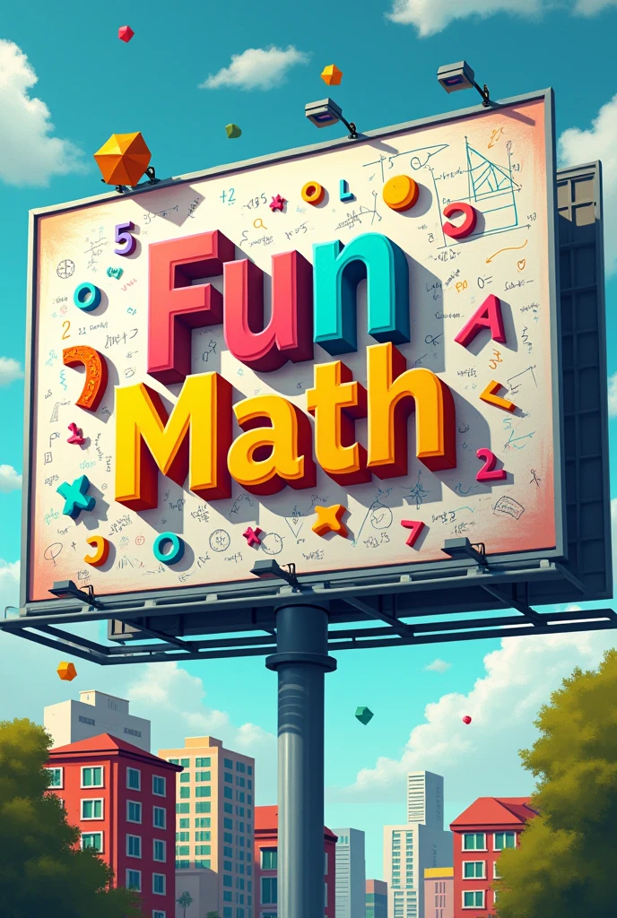 Create me a creative billboard that says fun math , with decoration and elements of mathematics