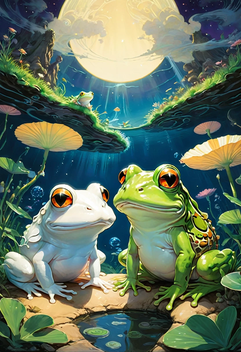white bow, by Studio Ghibli, best qualityer, work of art, very aesthetic, perfect composition, details Intricate, ultra detali, two frogs um no deserto e o outro na lagoa, division in the image, two frogs
