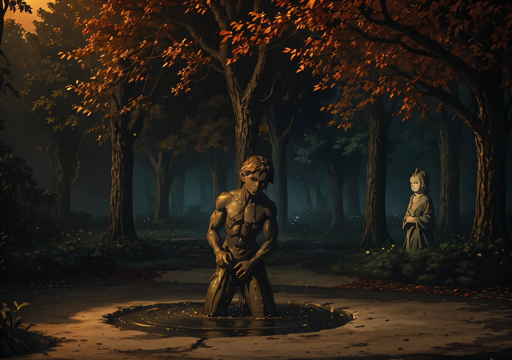 forst, Thu, 2d, dark surroundings, dried leaves, Apple falling to the ground, dark evening, several bown human sculptures with expressions of fear, a fountain of water coming out mud, ampty, only with brown sculptures