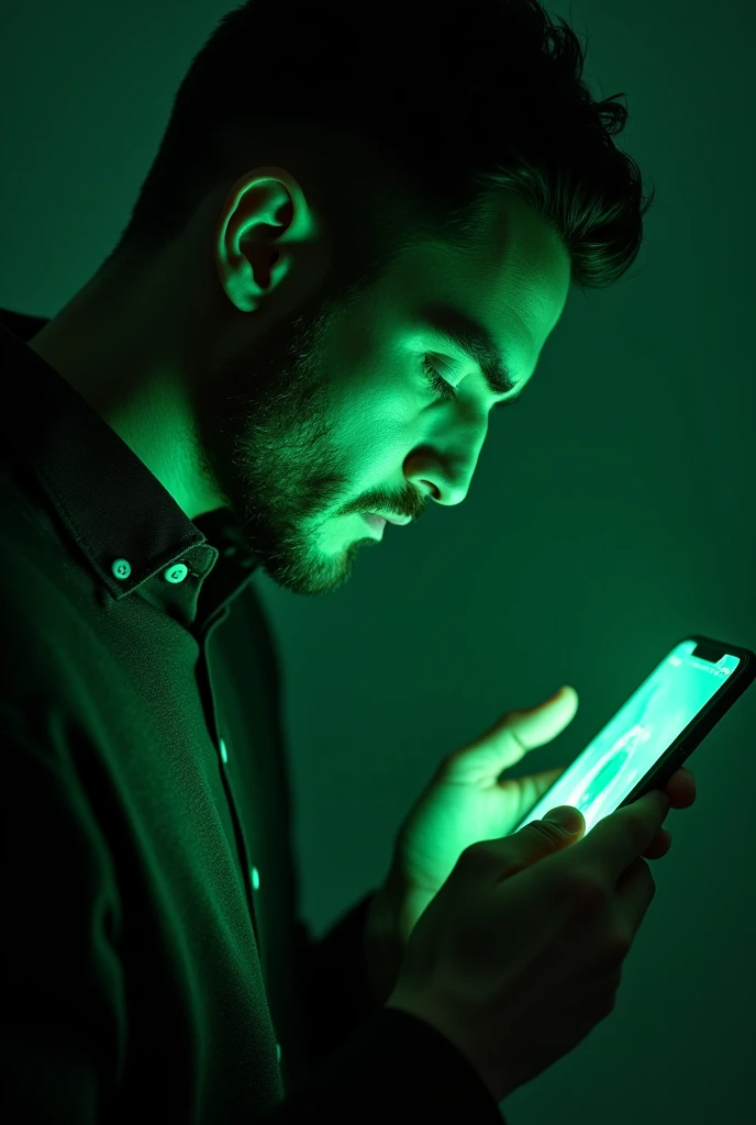 (photorealism: 9:16), Man in profile looking at his cell phone screen while an ??? scans his face, The cell phone gives off a green light
