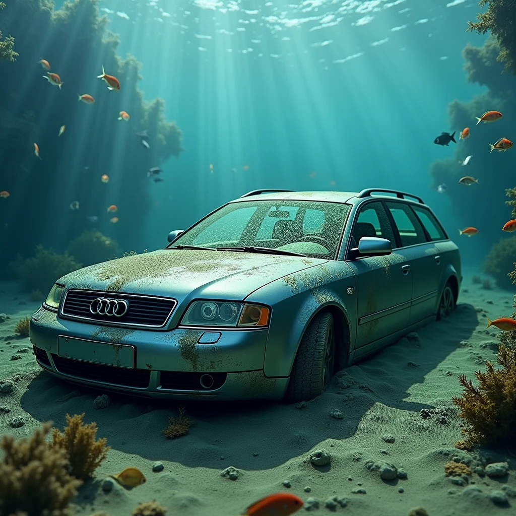 a gray 2004 audi a6 c5 station wagon abandoned under water