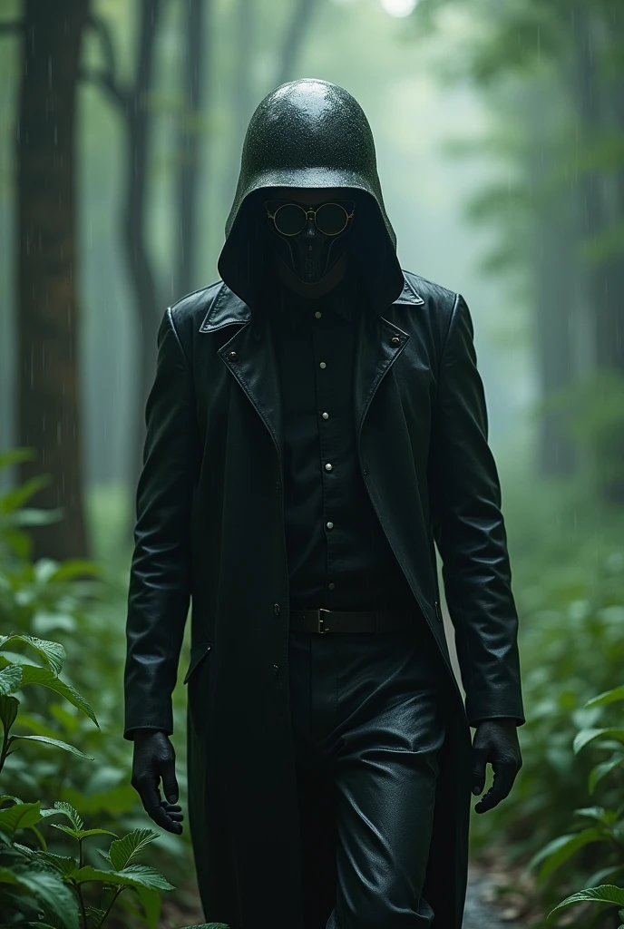 A man dressed in black and Has a slimmer figure than a girl, Wear a sun visor, The face is completely covered by an iron mask with glasses, Wear the M35 helmet.
The setting is a beautiful forest, it's raining