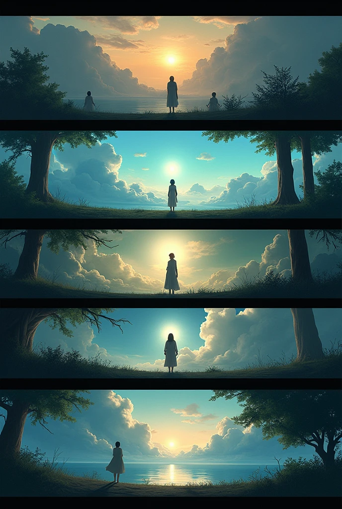 Expressing five different scenes in one picture，Movie storyboard scene 1:The sky rises straight up、Huge，Endless Tai Chi Long Scene 2:I haven&#39;t seen blood and sorrow in years.，Forgetting life and death, living in dust, Scene 3:The flying stars fly far beyond the Sekigawa River，How to Know the Color of Ice and Snow by Asking Lotus Scene 4:Why do we hate the loneliness that comes with drinking?，One Sorrow Can&#39;t Hold the Rivers Together Scene 5:The moon falls on the eaves of the garment，Borrow a sword, pick flowers, and scatter branches