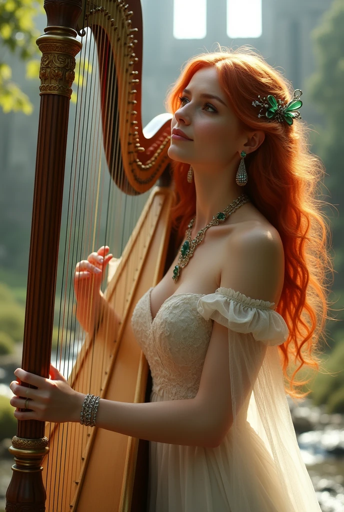 A fantasy, beautiful girl playing Harp, she's wearing a white sheer transparent sexy dress, she has large breast and long ginger hair, her dress is very low cut revealing clearage, she is wearing emeralds and silver Jewels, there is an Irish castle in the background, she is the most beautiful woman in the world, with a soft smile, the is a warm light,