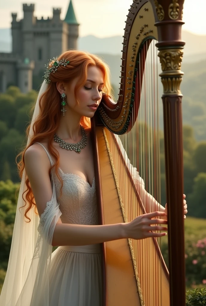 A fantasy, beautiful girl playing Harp, she's wearing a white sheer transparent sexy dress, she has large breast and long ginger hair, her dress is very low cut revealing clearage, she is wearing emeralds and silver Jewels, there is an Irish castle in the background, she is the most beautiful woman in the world, with a soft smile, the is a warm light,