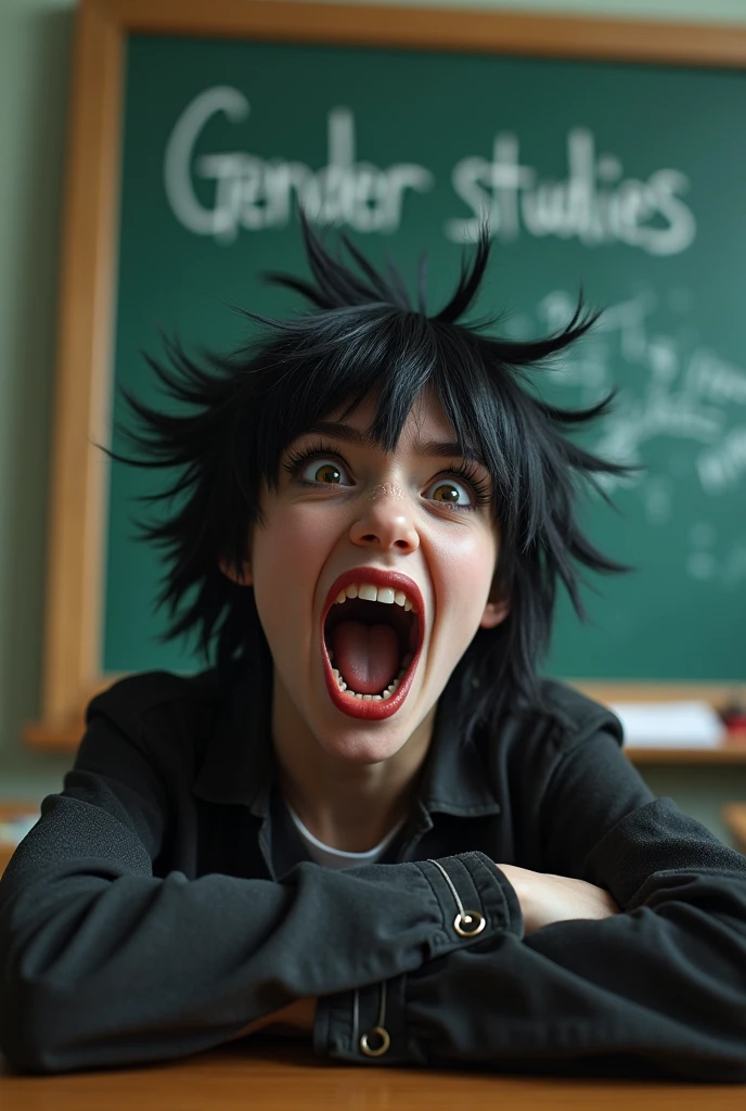 A sexy emo tween girl screaming in front of a classroom. A blackboard behind her says "Gender Studies" written in chalk