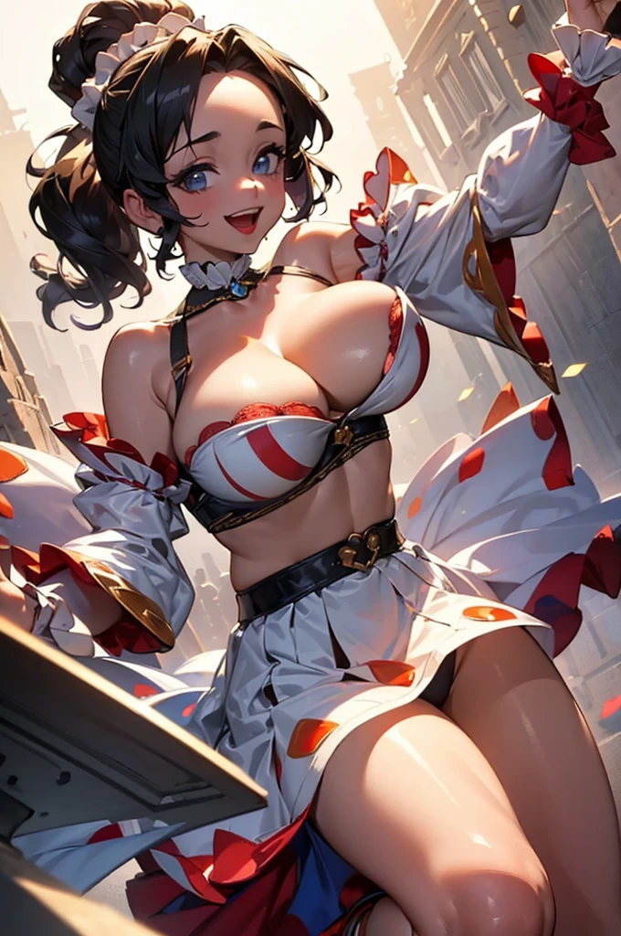 ((((High resolution, Intricate details, masterpiece, 8k, from front)))), (((beautiful, clown, Low rise, dancing))), ((One Woman, laughing, smile, Big Breasts, Large Breasts, Huge Saggy Tits)), (Black Hair, Beautiful forehead, Long Hair, ponytail, Cleavage, Chubby, Glowing Skin), from front, looking at viewer, look at viewer, town, Main Street, sunlight,