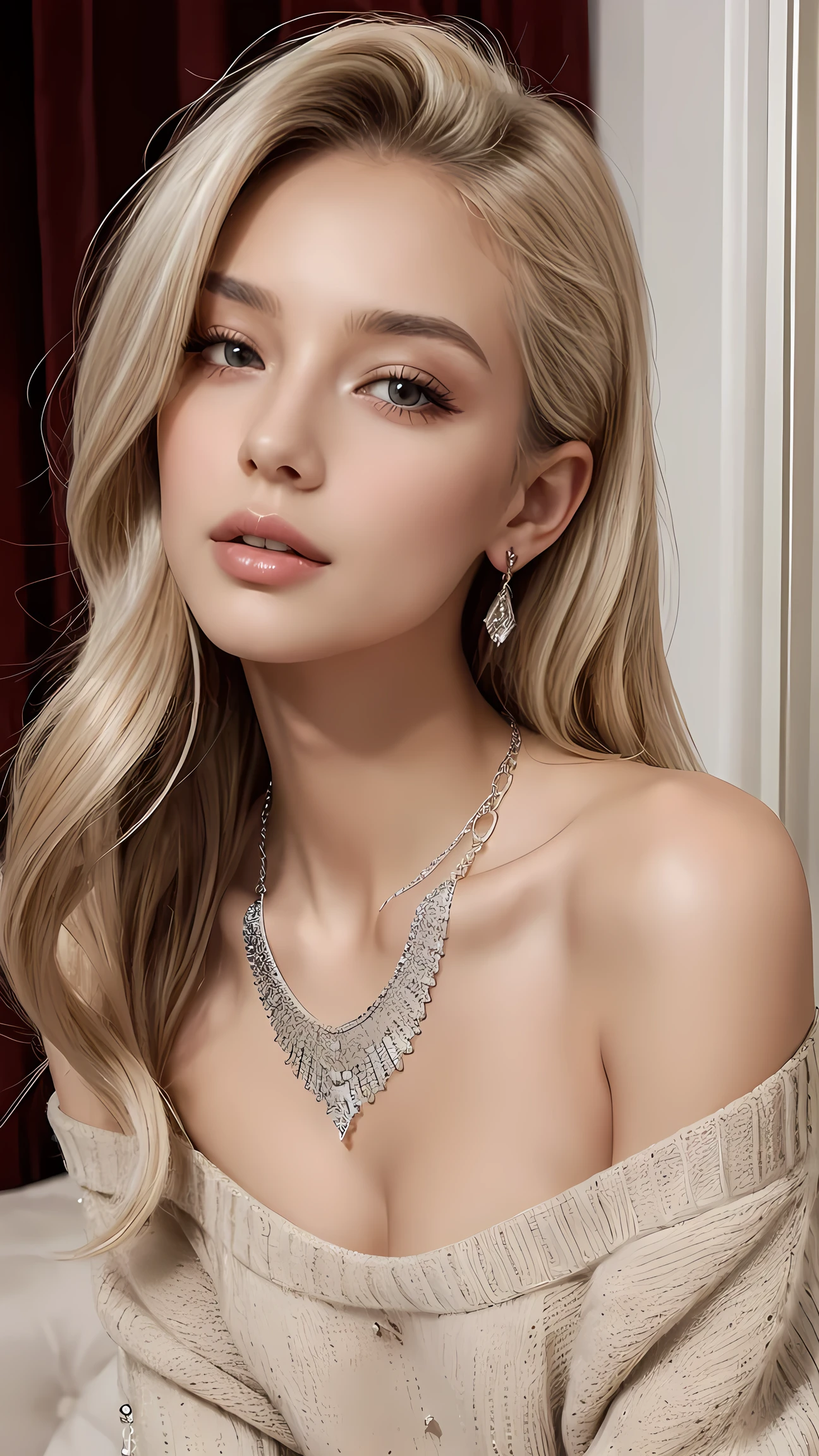 1 19-year-old single girl, long hair, prominent lips, looking at silver-blonde hair, fashionista, brown eyes, adorned with diamonds, all over, necklace, off-shoulder, sweater, practical, sexy