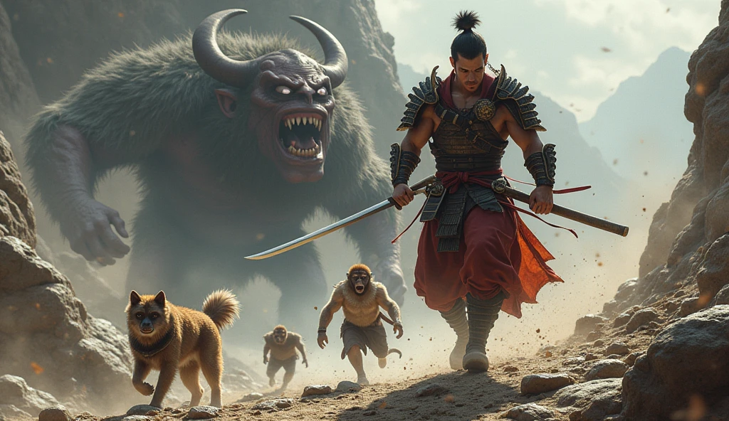 (best quality, masterpiece, ultra detailed, ultra high res, photorealistic, raw photo, absurdres, absolutely resolution), His name is Momotaro、A young, muscular, handsome samurai、dog、monkey、Pheasants together with rock rhythm for everyone、Fight a giant demon