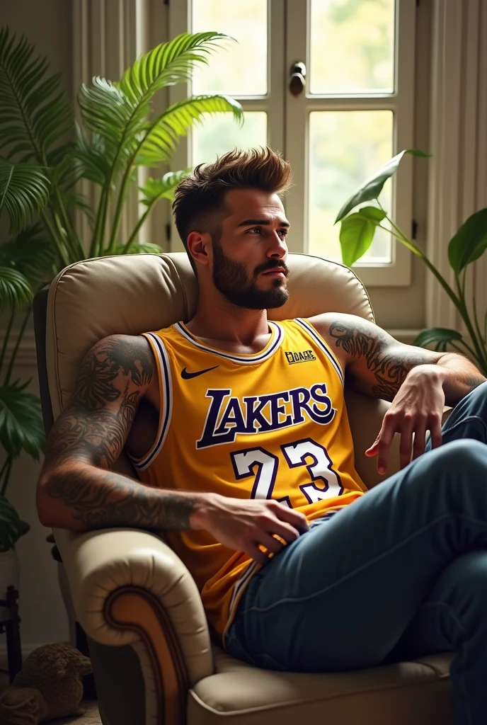 (photorealism:1.2), beautiful man, sitting on chair, wearing lakers jersey, hairstyle like David Beckham in 2016, indoors, soft lighting, plants in background, window with sunlight, cozy room, relaxed pose, realistic, intricate details, warm colors, by Greg Rutkowski, by Alphonse Mucha. no tattoes