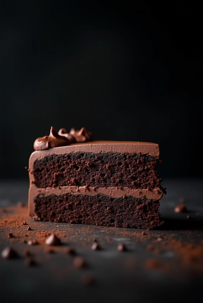 cinematic film still chocolate, chocolate cake, dark background, quality photo, moist texture, frosting, studio photo, slice . shallow depth of field, vignette, highly detailed, high budget, bokeh, cinemascope, moody, epic, gorgeous, film grain, grainy