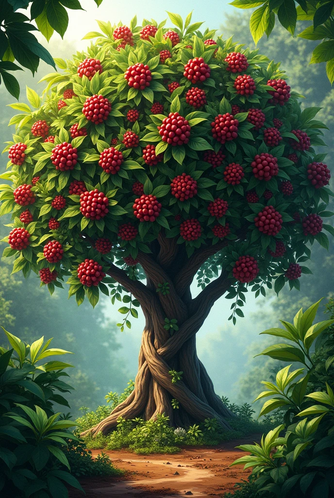 A small coffee tree with many branches bearing red fruit.
