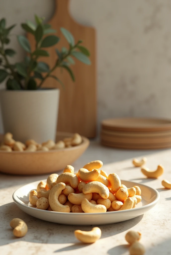 Cashews scattered on a plate on a kitchen counter