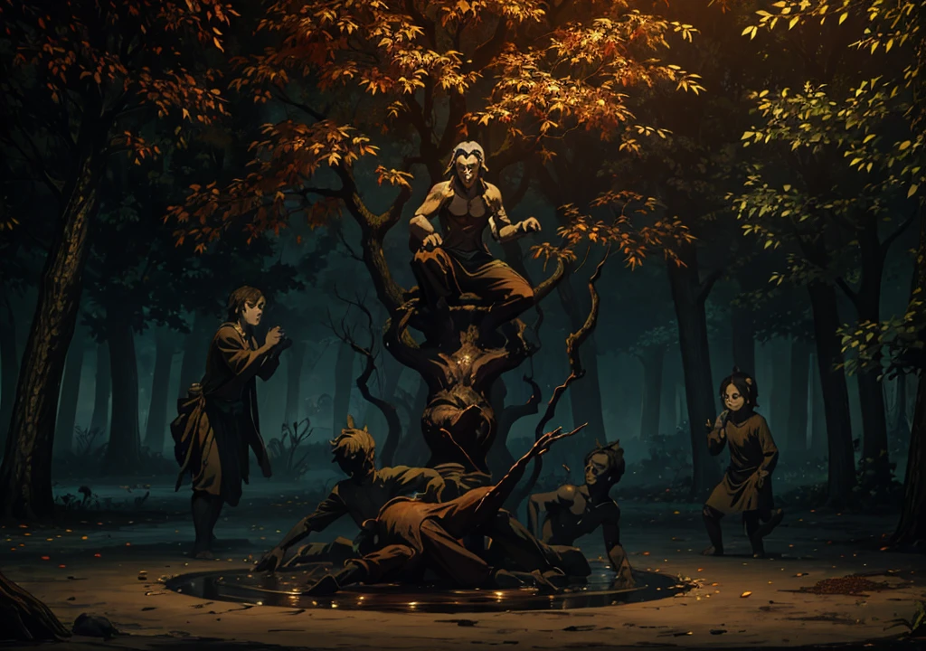 forst, Thu, 2d, dark surroundings, dried leaves, Apple falling to the ground, dark evening, several bown human sculptures with expressions of fear, a fountain of water coming out mud, ampty, only with brown sculptures 