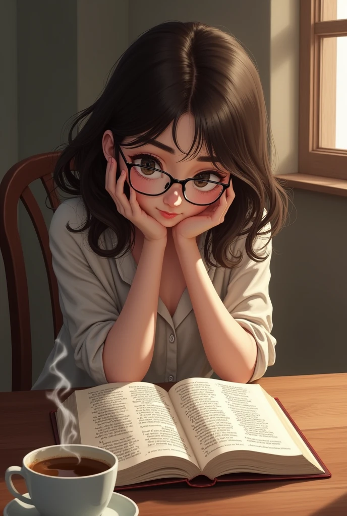A brunette girl , voluminous hair, with glasses, sitting in front of a small table, and on the table an open bible and she staring at the bible, and on the side a coffee cup high quality image