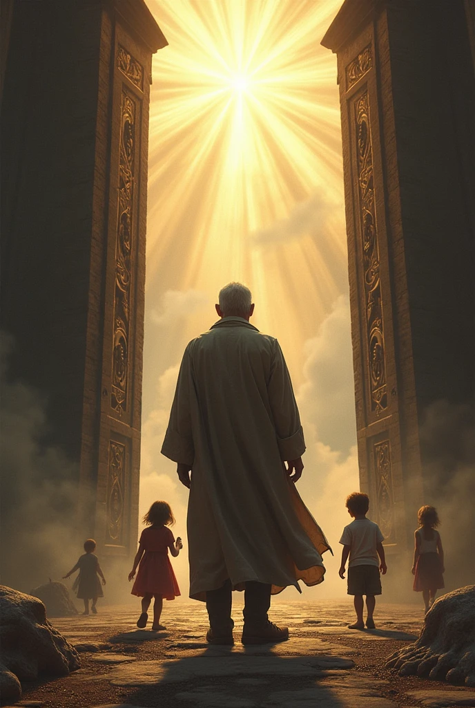 a father stands before the gates of heaven, while he looks to his left and sees his kids in the distant playing at the gates of hell